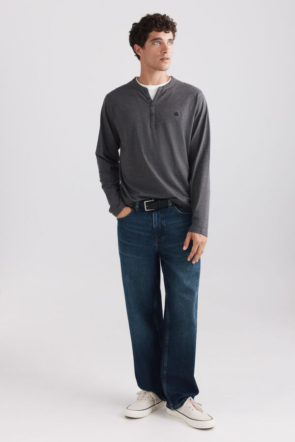 Springfield Double neck Henley long sleeve T-shirt grey