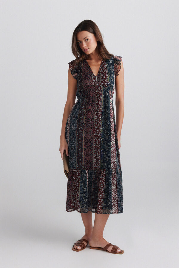 Springfield Border print ruffle dress blue