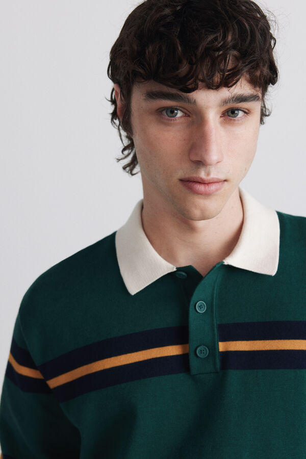 Springfield Striped rugby knit long sleeve polo shirt green