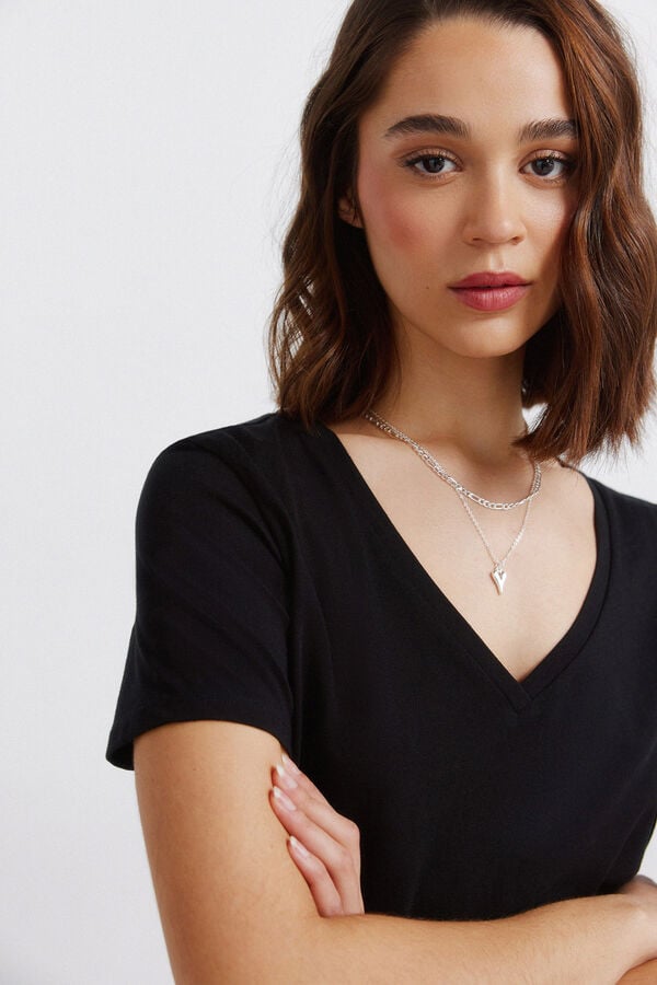 Springfield Cotton basic V-neck T-shirt black