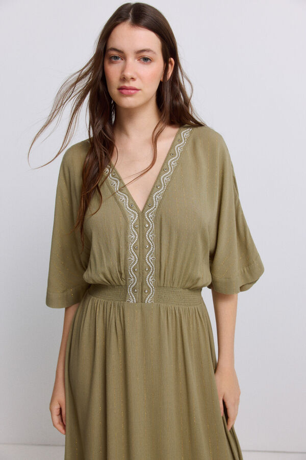Springfield Embroidered bead midi dress beige