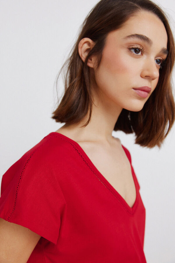 Springfield T-shirt col en V en dentelle rouge