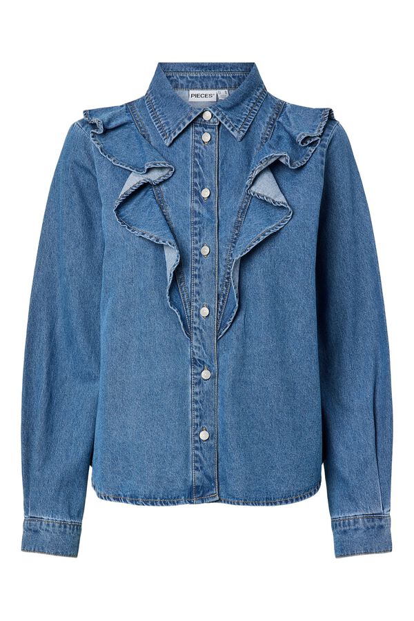 Pieces Denim shirt with ruffles blue