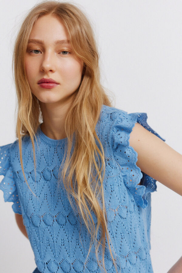 Springfield Pointelle ruffle top blue