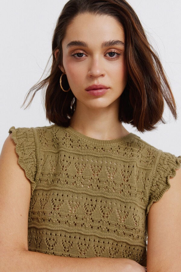 Springfield Pointelle ruffle top beige