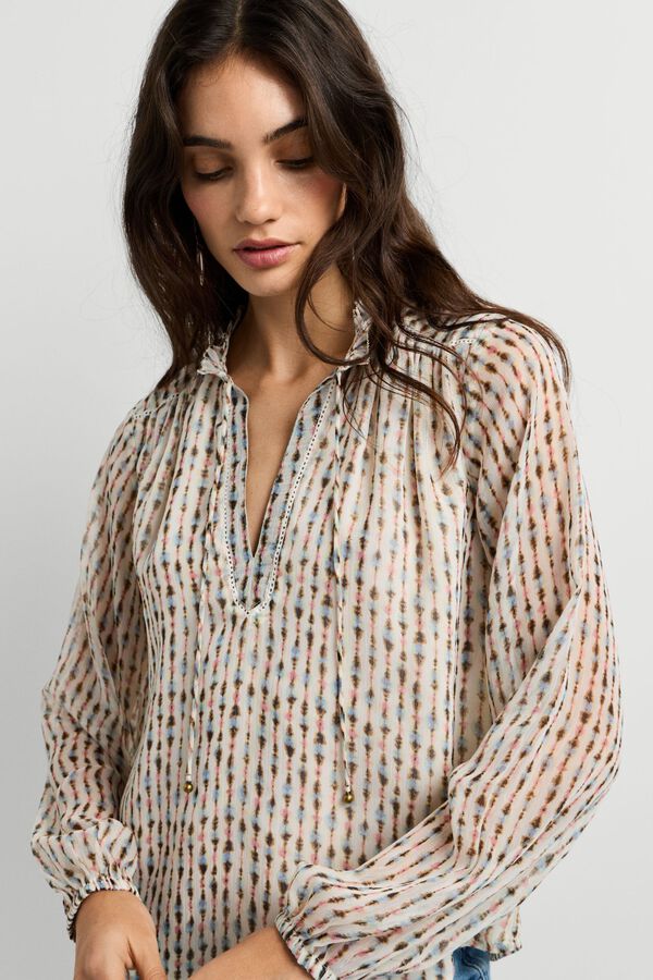 Pepe Jeans Blusa fluida con cintas y borlas estampado