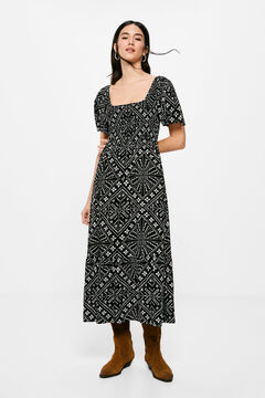 Springfield Kleid Midi Wabenmuster mit Print schwarz