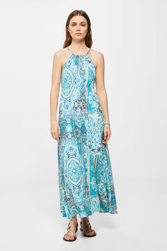 Springfield Kleid Midi Neckholder mit Print blau