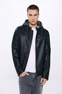 Springfield Faux leather jacket with hood black