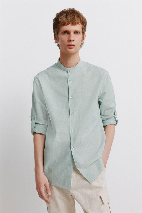 Springfield Linen mandarin collar shirt green