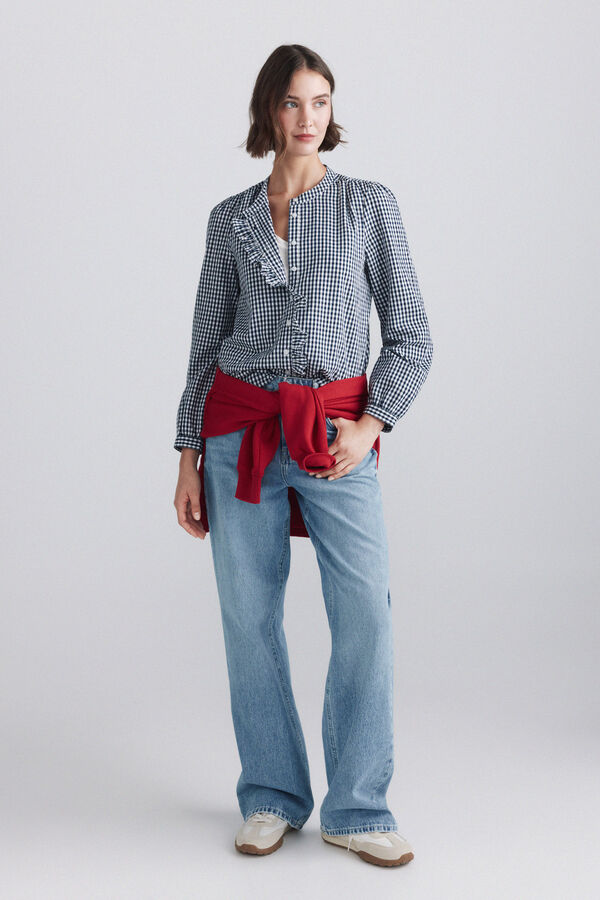 Springfield Plaid mandarin collar ruffle shirt blue