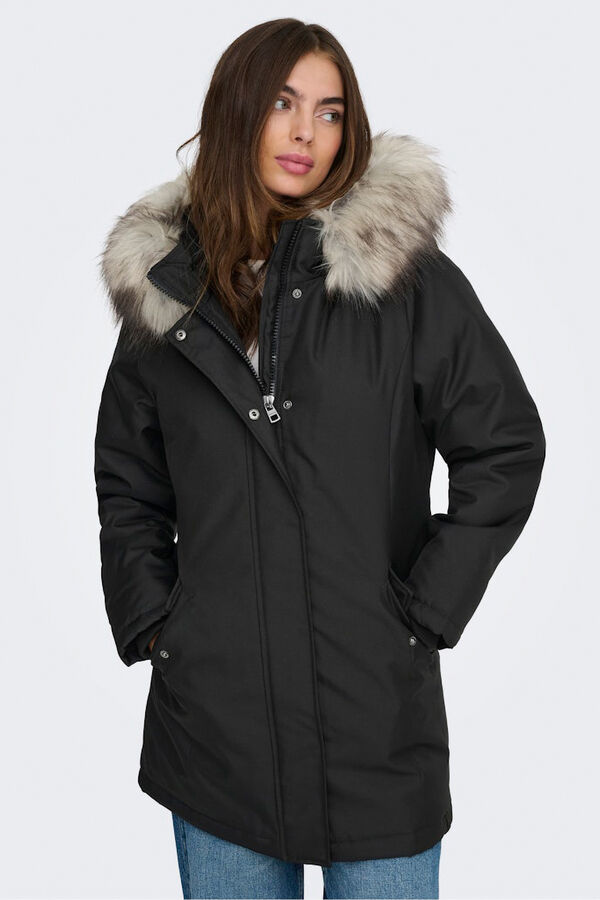Only Parka com capuz e pele preto