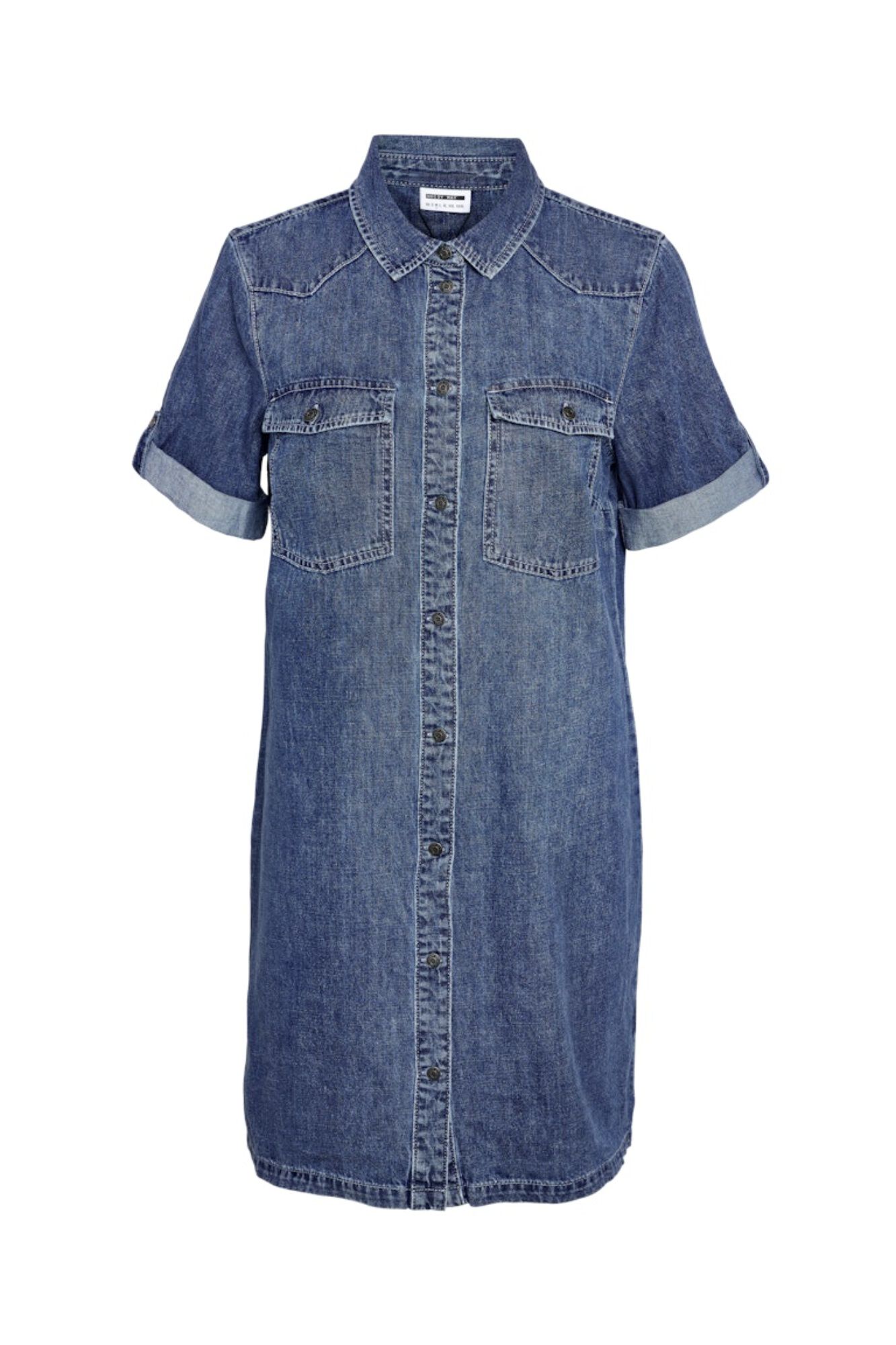 Noisy May Vestido corto vaquero con manga corta, cuello y bolsillos frontales