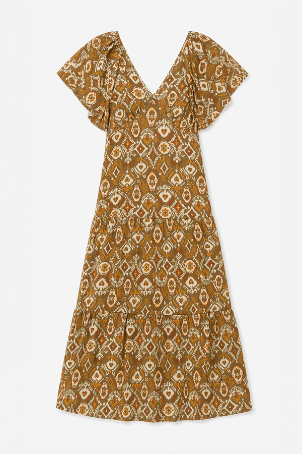 Springfield Printed ruffle midi dress beige