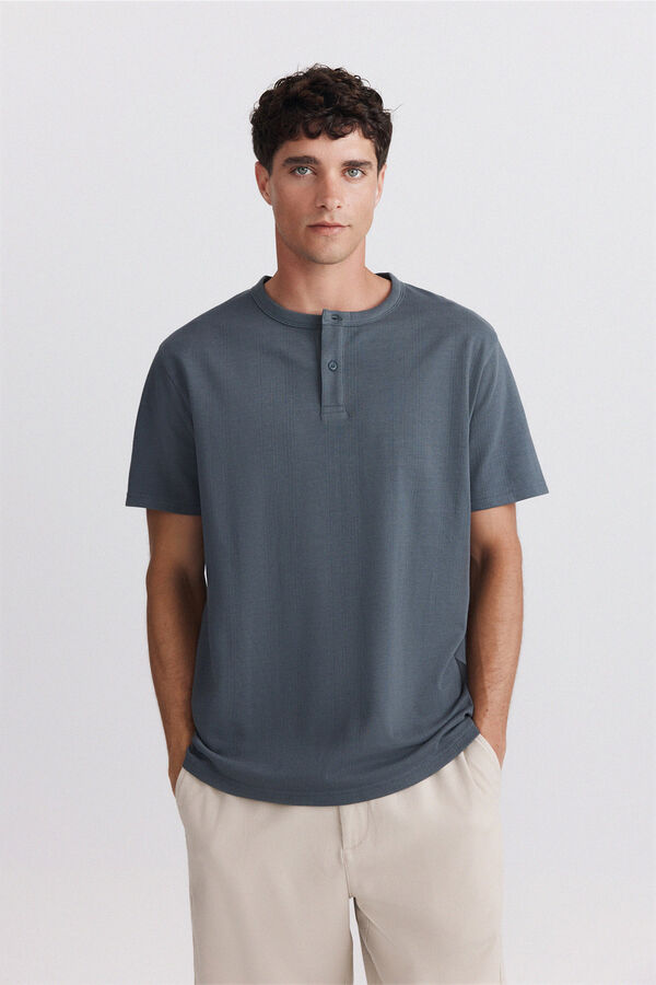 Springfield Piqu&eacute; texture Henley T-shirt blue