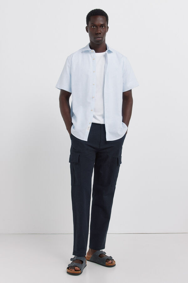 Springfield Striped linen short sleeve shirt blue