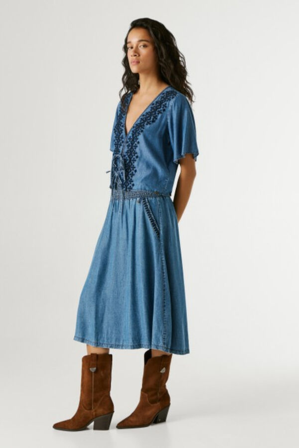 Pepe Jeans Falda midi bordado y bolsillo lateral azul