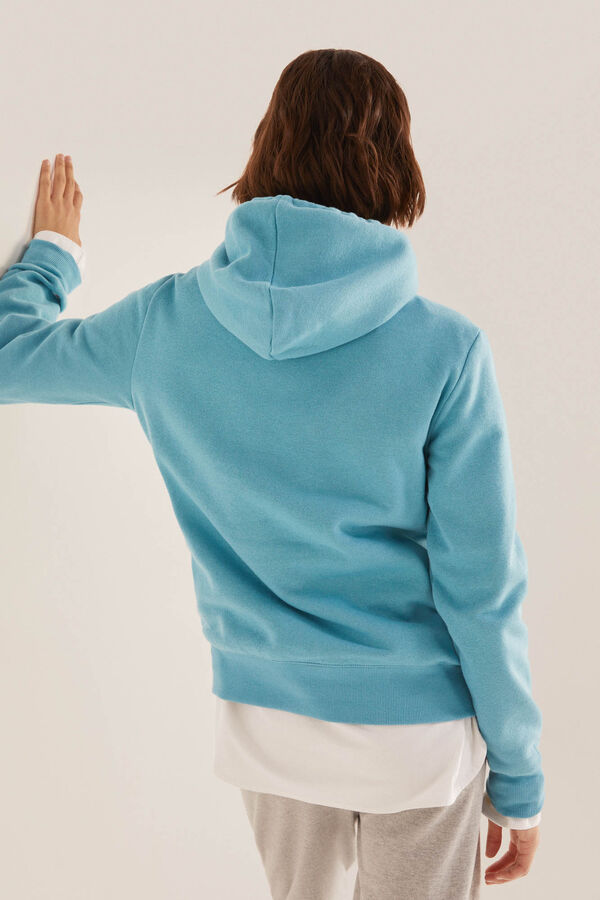 Springfield Women's classic cut hoodie. Small contrast logo and elasticated waistband. 260 GSM light fleece-back poly-cotton. blue