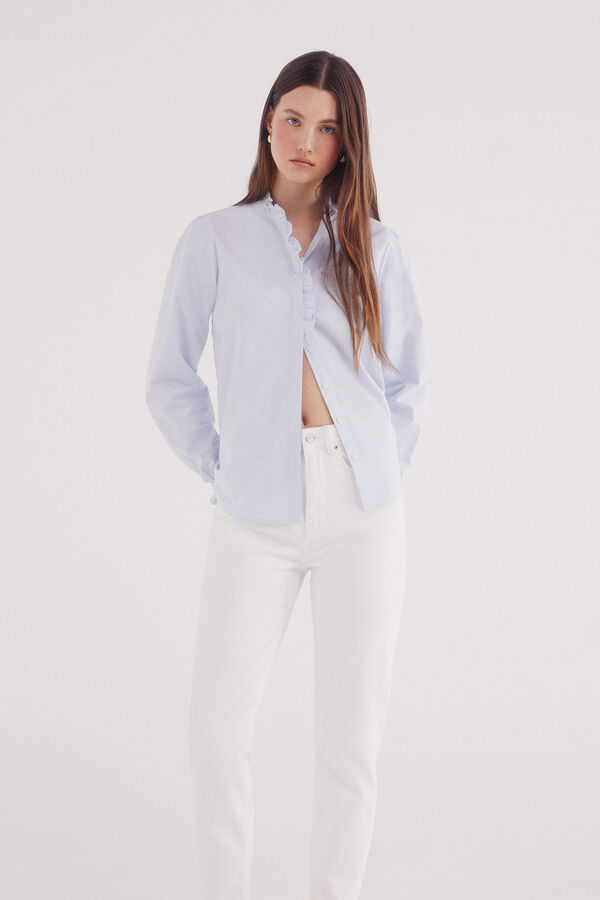 Springfield Oxford blouse with ruffle neck blue