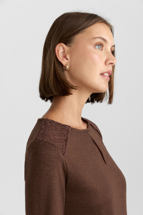Springfield Crochet shoulder long sleeve T-shirt brown
