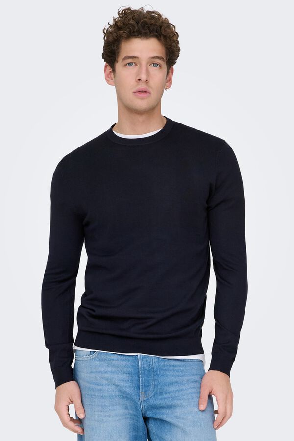 Only & Sons Su&eacute;ter masculino com gola redonda e regular fit.  azul