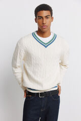Springfield Cable knit V-neck jumper white