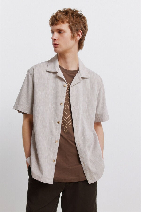 Springfield Linen-look short sleeve bowling shirt brown