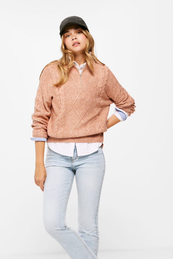 Springfield Pull Cable Knit Col Fermeture Zippée rose