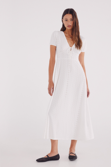 Vestido Midi De Punto Con Detalle Pointelle - Springfield Para Mujer, Manga Larga