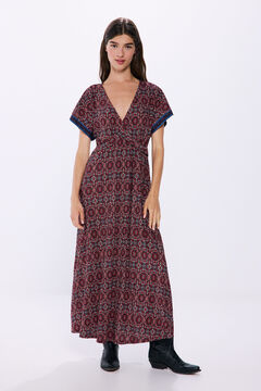 Springfield print knot neckline midi dress deep red