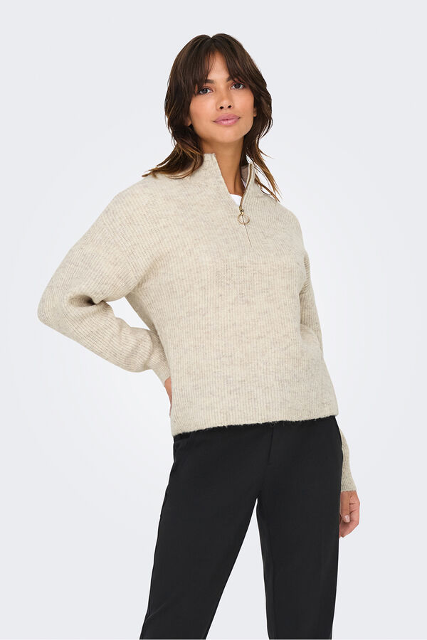 Only Jersey cuello alto cremallera beige