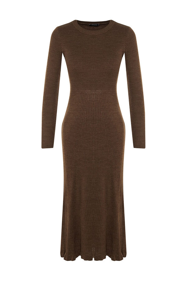 Trendyol Fitted knit long sleeve midi dress nude