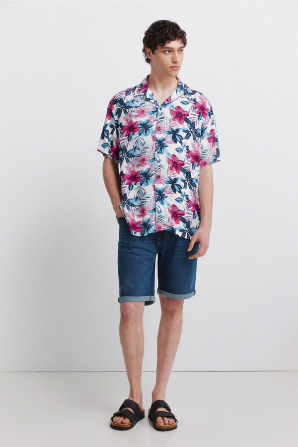 Springfield Printed viscose short sleeve shirt blue