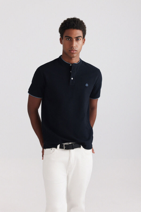 Springfield Piqu&eacute; mandarin collar slim fit polo shirt blue