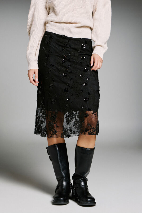 Only Sequinned midi skirt black