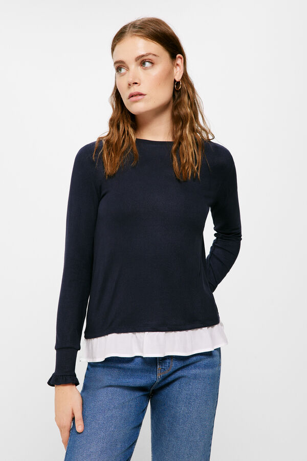 Springfield Two-material T-shirt with ruffle cuffs navy