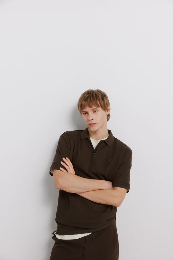 Springfield Piqu&eacute; zip regular fit polo shirt nude