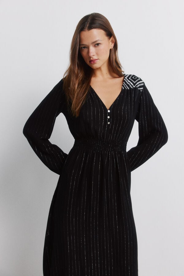 Springfield Robe longue bambula aux &eacute;paules brod&eacute;es noir