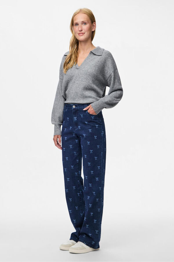 Pieces Relaxed jean with bow or tie print Plava