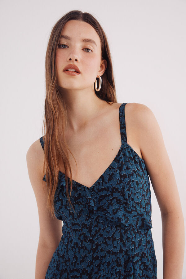 Springfield print midi dress with ruffle neckline black