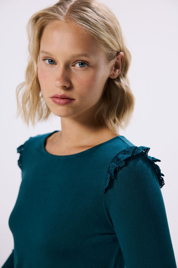 Springfield Lace ruffle shoulder t-shirt dark green