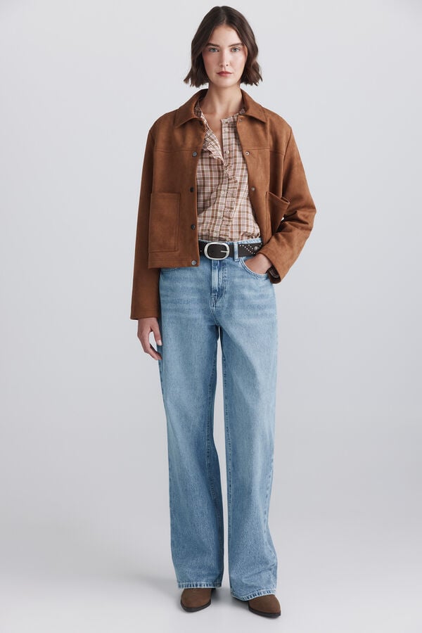 Springfield Plaid mandarin collar ruffle shirt pink