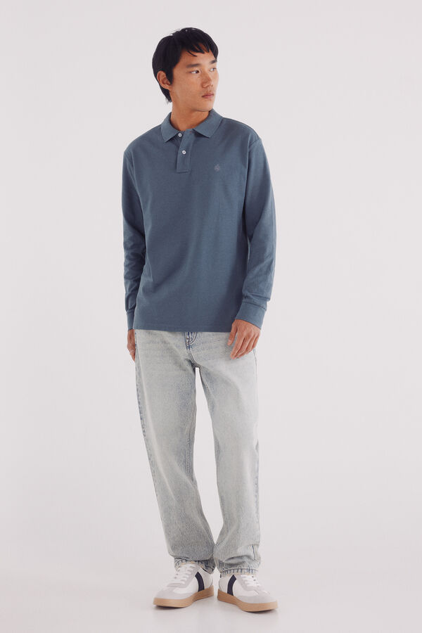 Springfield Basic long sleeve regular fit piqué polo shirt blue