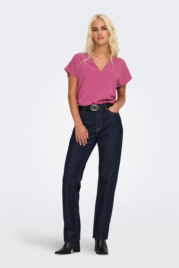 JDY Blusa de linho manga curta rosa