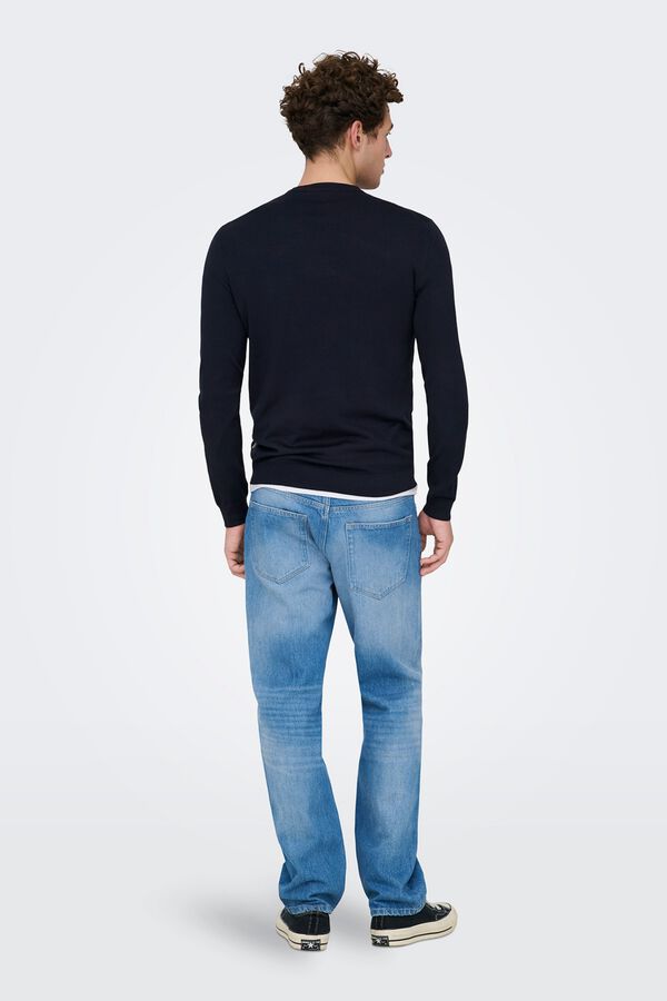 Only & Sons Su&eacute;ter masculino com gola redonda e regular fit.  azul