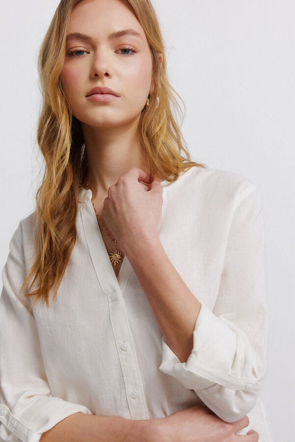 Springfield Linen-look mandarin collar shirt brown