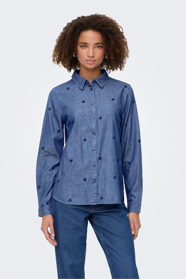 JDY Camisa de ganga bordada azul