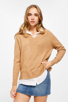 Springfield Two-material V-neck jumper stone