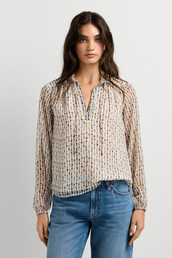 Pepe Jeans Blusa fluida con cintas y borlas estampado