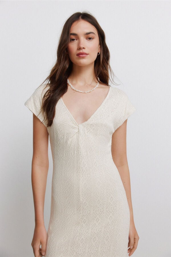 Springfield Embroidered knot neckline dress beige